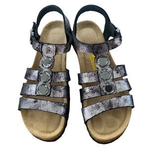 Viking NEW “Birkenstock Style” Black & Silver Metallic Leather Strap‎ Sandal 8.5